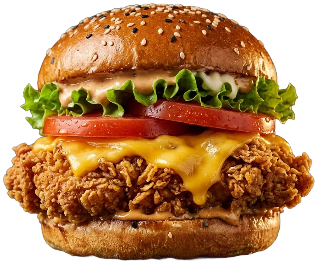 Crispy chicken burger with cheddar, tomato and lettuce